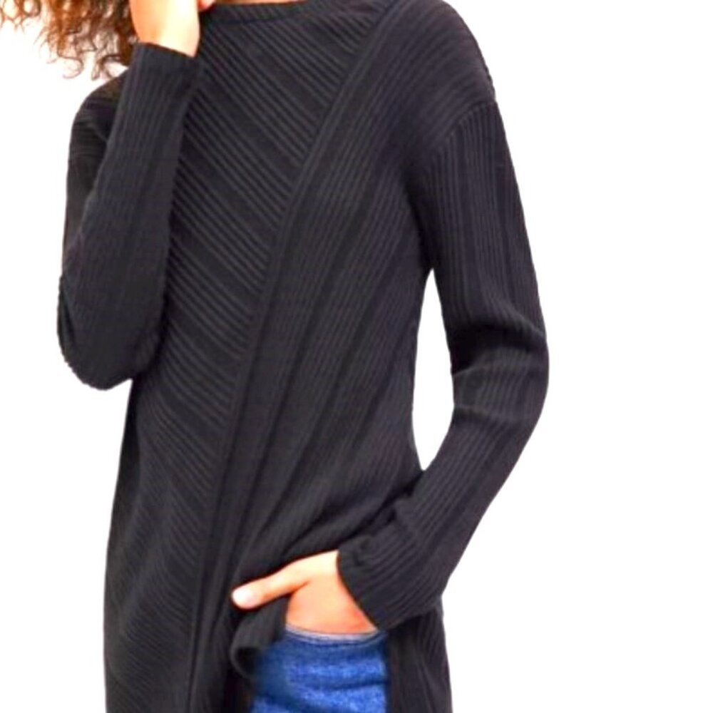 NWT Maeve | Anthropologie Cotton "Opal Ribbed Tunic Sweater" in Black | Size XS